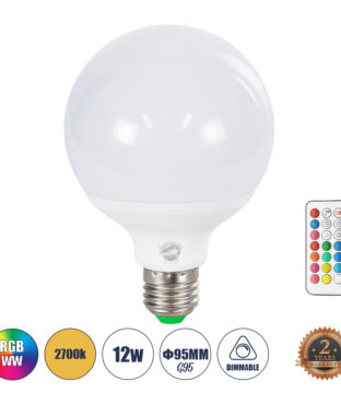 Λάμπα LED E27 G95 Γλόμπος 12W 780lm 260° AC 220-240V IP20 Φ9.5 x Υ14cm – Εναλλαγή Φωτισμού μέσω Τηλεχειριστηρίου – Πολύχρωμο RGB+WW – 2 Years Warranty