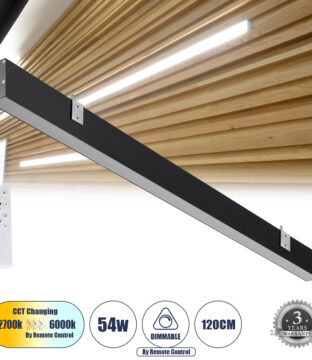 Γραμμικό Φωτιστικό Τοίχου – Απλίκα Linear LED CCT 54W 6500lm 120° AC 220-240V Μ120 x Π3.5 x Υ7cm – Εναλλαγή Φωτισμού μέσω Τηλεχειριστηρίου All In One Ψυχρό 6000k+Φυσικό 4500k+Θερμό 2700k Dimmable – Μαύρο – 3 Years Warranty