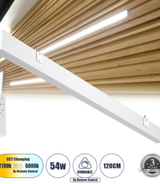 Γραμμικό Φωτιστικό Τοίχου – Απλίκα Linear LED CCT 54W 6500lm 120° AC 220-240V Μ120 x Π3.5 x Υ7cm – Εναλλαγή Φωτισμού μέσω Τηλεχειριστηρίου All In One Ψυχρό 6000k+Φυσικό 4500k+Θερμό 2700k Dimmable – Λευκό – 3 Years Warranty