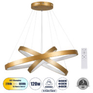 Κρεμαστό Φωτιστικό Δαχτυλίδι-Κύκλος LED CCT 120W 14723lm 360° AC 220-240V – Εναλλαγή Φωτισμού μέσω Τηλεχειριστηρίου All In One Ψυχρό 6000k+Φυσικό 4500k+Θερμό 2700k Dimmable Φ40+60+80cm – Χρυσό Βούρτσας – 3 Years Warranty