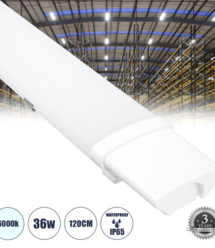 LED Γραμμικό Βιομηχανικό Φωτιστικό Tri-Proof 120cm 36W 4058lm 120° AC 220-240V Αδιάβροχο IP65 Μ120 x Π6 x Υ4cm Ψυχρό Λευκό 6000K – 3 Years Warranty