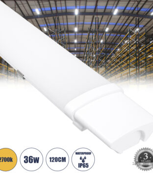 LED Γραμμικό Βιομηχανικό Φωτιστικό Tri-Proof 120cm 36W 3916lm 120° AC 220-240V Αδιάβροχο IP65 Μ120 x Π6 x Υ4cm Θερμό Λευκό 2700K – 3 Years Warranty