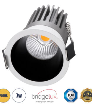 Χωνευτό LED Spot Downlight TrimLess Φ6cm 7W 875lm 38° AC 220-240V IP20 Φ6 x Υ7.8cm – Στρόγγυλο – Λευκό με Μαύρο Κάτοπτρο – Θερμό Λευκό 2700K – Bridgelux COB – 5 Years Warranty