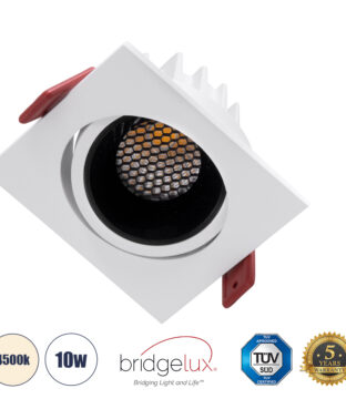 Χωνευτό LED Spot Downlight TrimLess Μ8.5xΠ8.5cm 10W 1300lm 38° AC 220-240V IP20 Μ8.5 x Π8.5 x Υ6.6cm – Τετράγωνο – Κινούμενο – Λευκό με Μαύρο Κάτοπτρο & Anti-Glare HoneyComb – Φυσικό Λευκό 4500K – Bridgelux COB – 5 Years Warranty