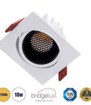 Χωνευτό LED Spot Downlight TrimLess Μ8.5xΠ8.5cm 10W 1250lm 38° AC 220-240V IP20 Μ8.5 x Π8.5 x Υ6.6cm – Τετράγωνο – Κινούμενο – Λευκό με Μαύρο Κάτοπτρο & Anti-Glare HoneyComb – Θερμό Λευκό 2700K – Bridgelux COB – 5 Years Warranty