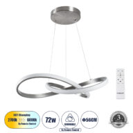 Κρεμαστό Φωτιστικό Οροφής Design LED CCT 72W 8064lm 300° AC 220-240V – Εναλλαγή Φωτισμού μέσω Τηλεχειριστηρίου All In One Ψυχρό 6000k+Φυσικό 4500k+Θερμό 2700k Dimmable Φ56cm – Νίκελ Ασημί Βούρτσας – 3 Years Warranty