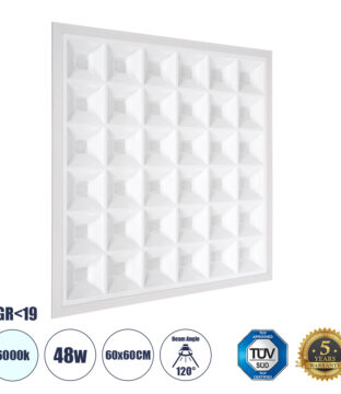 Χωνευτό LED Panel 60x60cm 48W 7440lm 120° CRI≥86Ra UGR<19 Anti-Glare Shield Diffuser AC 220-240V IP44 Μ60 x Π60 x Υ3.3cm – Ψυχρό Λευκό 6000K – Bridgelux High Lumen Chips – TÜV Certified Driver – 5 Years Warranty