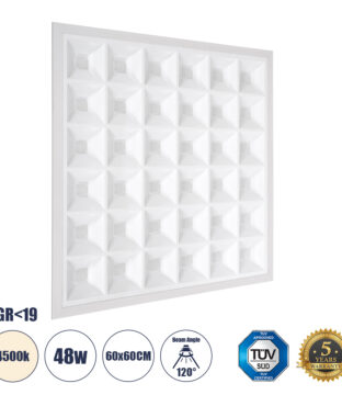 Χωνευτό LED Panel 60x60cm 48W 7200lm 120° CRI≥86Ra UGR<19 Anti-Glare Shield Diffuser AC 220-240V IP44 Μ60 x Π60 x Υ3.3cm – Φυσικό Λευκό 4500K – Bridgelux High Lumen Chips – TÜV Certified Driver – 5 Years Warranty