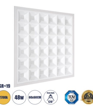 Χωνευτό LED Panel 60x60cm 48W 6960lm 120° CRI≥86Ra UGR<19 Anti-Glare Shield Diffuser AC 220-240V IP44 Μ60 x Π60 x Υ3.3cm – Θερμό Λευκό 2700K – Bridgelux High Lumen Chips – TÜV Certified Driver – 5 Years Warranty