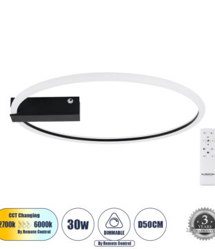 Φωτιστικό Οροφής Δαχτυλίδι-Κύκλος LED CCT 30W 3360lm 360° AC 220-240V – Εναλλαγή Φωτισμού μέσω Τηλεχειριστηρίου All In One Ψυχρό 6000k+Φυσικό 4500k+Θερμό 2700k Dimmable Φ50cm – Μαύρο – 3 Years Warranty