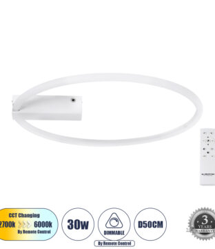 Φωτιστικό Οροφής Δαχτυλίδι-Κύκλος LED CCT 30W 3360lm 360° AC 220-240V – Εναλλαγή Φωτισμού μέσω Τηλεχειριστηρίου All In One Ψυχρό 6000k+Φυσικό 4500k+Θερμό 2700k Dimmable Φ50cm – Λευκό – 3 Years Warranty