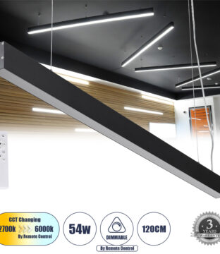 Γραμμικό Κρεμαστό Φωτιστικό Linear LED CCT 54W 6500lm 120° AC 220-240V Μ120 x Π3.5 x Υ7cm – Εναλλαγή Φωτισμού μέσω Τηλεχειριστηρίου All In One Ψυχρό 6000k+Φυσικό 4500k+Θερμό 2700k Dimmable – Μαύρο – 3 Years Warranty