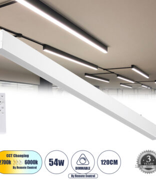 Γραμμικό Φωτιστικό Οροφής Linear LED CCT 54W 6500lm 120° AC 220-240V Μ120 x Π3.5 x Υ7cm – Εναλλαγή Φωτισμού μέσω Τηλεχειριστηρίου All In One Ψυχρό 6000k+Φυσικό 4500k+Θερμό 2700k Dimmable – Λευκό – 3 Years Warranty