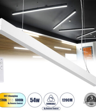 Γραμμικό Κρεμαστό Φωτιστικό Linear LED CCT 54W 6500lm 120° AC 220-240V Μ120 x Π3.5 x Υ7cm – Εναλλαγή Φωτισμού μέσω Τηλεχειριστηρίου All In One Ψυχρό 6000k+Φυσικό 4500k+Θερμό 2700k Dimmable – Λευκό – 3 Years Warranty