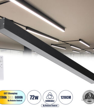 Γραμμικό Φωτιστικό Οροφής Linear LED CCT 72W 8600lm 120° AC 220-240V Μ120 x Π5.5 x Υ7cm – Εναλλαγή Φωτισμού μέσω Τηλεχειριστηρίου All In One Ψυχρό 6000k+Φυσικό 4500k+Θερμό 2700k Dimmable – Μαύρο – 3 Years Warranty