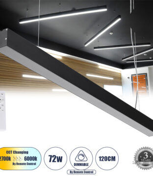 Γραμμικό Κρεμαστό Φωτιστικό Linear LED CCT 72W 8600lm 120° AC 220-240V Μ120 x Π5.5 x Υ7cm – Εναλλαγή Φωτισμού μέσω Τηλεχειριστηρίου All In One Ψυχρό 6000k+Φυσικό 4500k+Θερμό 2700k Dimmable – Μαύρο – 3 Years Warranty