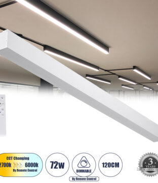 Γραμμικό Φωτιστικό Οροφής Linear LED CCT 72W 8600lm 120° AC 220-240V Μ120 x Π5.5 x Υ7cm – Εναλλαγή Φωτισμού μέσω Τηλεχειριστηρίου All In One Ψυχρό 6000k+Φυσικό 4500k+Θερμό 2700k Dimmable – Λευκό – 3 Years Warranty