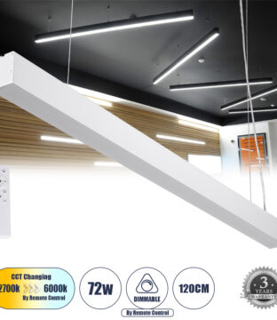 Γραμμικό Κρεμαστό Φωτιστικό Linear LED CCT 72W 8600lm 120° AC 220-240V Μ120 x Π5.5 x Υ7cm – Εναλλαγή Φωτισμού μέσω Τηλεχειριστηρίου All In One Ψυχρό 6000k+Φυσικό 4500k+Θερμό 2700k Dimmable – Λευκό – 3 Years Warranty