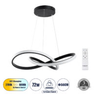 Κρεμαστό Φωτιστικό Οροφής Design LED CCT 72W 8064lm 300° AC 220-240V – Εναλλαγή Φωτισμού μέσω Τηλεχειριστηρίου All In One Ψυχρό 6000k+Φυσικό 4500k+Θερμό 2700k Dimmable Φ56cm – Μαύρο – 3 Years Warranty