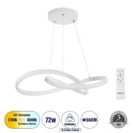 Κρεμαστό Φωτιστικό Οροφής Design LED CCT 72W 8064lm 300° AC 220-240V – Εναλλαγή Φωτισμού μέσω Τηλεχειριστηρίου All In One Ψυχρό 6000k+Φυσικό 4500k+Θερμό 2700k Dimmable Φ56cm – Λευκό – 3 Years Warranty