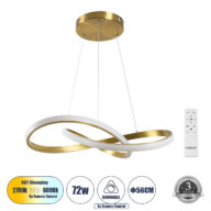 Κρεμαστό Φωτιστικό Οροφής Design LED CCT 72W 8064lm 300° AC 220-240V – Εναλλαγή Φωτισμού μέσω Τηλεχειριστηρίου All In One Ψυχρό 6000k+Φυσικό 4500k+Θερμό 2700k Dimmable Φ56cm – Χρυσό Βούρτσας – 3 Years Warranty