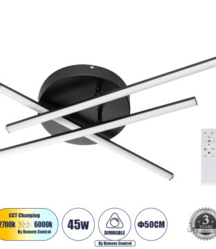 Φωτιστικό Οροφής Γραμμικό Linear Design LED CCT 45W 5535lm 120° AC 220-240V – Εναλλαγή Φωτισμού μέσω Τηλεχειριστηρίου All In One Ψυχρό 6000k+Φυσικό 4500k+Θερμό 2700k Dimmable Φ50 x Υ11cm – Μαύρο – 3 Years Warranty