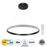 Κρεμαστό Φωτιστικό Δαχτυλίδι-Κύκλος LED CCT 45W 5230lm 360° AC 220-240V – Εναλλαγή Φωτισμού μέσω Τηλεχειριστηρίου All In One Ψυχρό 6000k+Φυσικό 4500k+Θερμό 2700k Dimmable Φ60cm – Μαύρο – 3 Years Warranty