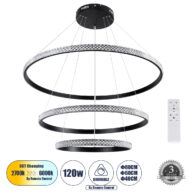 Κρεμαστό Φωτιστικό Δαχτυλίδι-Κύκλος LED CCT 120W 14723lm 360° AC 220-240V – Εναλλαγή Φωτισμού μέσω Τηλεχειριστηρίου All In One Ψυχρό 6000k+Φυσικό 4500k+Θερμό 2700k Dimmable Φ40+60+80cm – Μαύρο – 3 Years Warranty