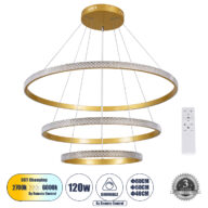 Κρεμαστό Φωτιστικό Δαχτυλίδι-Κύκλος LED CCT 120W 14723lm 360° AC 220-240V – Εναλλαγή Φωτισμού μέσω Τηλεχειριστηρίου All In One Ψυχρό 6000k+Φυσικό 4500k+Θερμό 2700k Dimmable Φ40+60+80cm – Χρυσό Βούρτσας – 3 Years Warranty