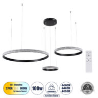 Κρεμαστό Φωτιστικό Δαχτυλίδι-Κύκλος LED CCT 100W 12123lm 360° AC 220-240V – Εναλλαγή Φωτισμού μέσω Τηλεχειριστηρίου All In One Ψυχρό 6000k+Φυσικό 4500k+Θερμό 2700k Dimmable Φ25+40+60cm – Μαύρο – 3 Years Warranty