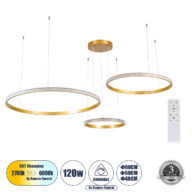 Κρεμαστό Φωτιστικό Δαχτυλίδι-Κύκλος LED CCT 120W 14723lm 360° AC 220-240V – Εναλλαγή Φωτισμού μέσω Τηλεχειριστηρίου All In One Ψυχρό 6000k+Φυσικό 4500k+Θερμό 2700k Dimmable Φ40+60+80cm – Χρυσό Βούρτσας – 3 Years Warranty