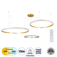 Κρεμαστό Φωτιστικό Δαχτυλίδι-Κύκλος LED CCT 150W 18379lm 360° AC 220-240V – Εναλλαγή Φωτισμού μέσω Τηλεχειριστηρίου All In One Ψυχρό 6000k+Φυσικό 4500k+Θερμό 2700k Dimmable Φ60+80+100cm – Χρυσό Βούρτσας – 3 Years Warranty