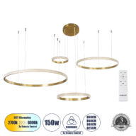 Κρεμαστό Φωτιστικό Δαχτυλίδι-Κύκλος LED CCT 150W 18379lm 360° AC 220-240V – Εναλλαγή Φωτισμού μέσω Τηλεχειριστηρίου All In One Ψυχρό 6000k+Φυσικό 4500k+Θερμό 2700k Dimmable Φ25+40+60+80cm – Χρυσό Βούρτσας – 3 Years Warranty