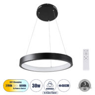 Κρεμαστό Φωτιστικό Δαχτυλίδι-Κύκλος LED CCT 30W 3513lm 360° AC 220-240V – Εναλλαγή Φωτισμού μέσω Τηλεχειριστηρίου All In One Ψυχρό 6000k+Φυσικό 4500k+Θερμό 2700k Dimmable Φ40cm – Μαύρο – 3 Years Warranty