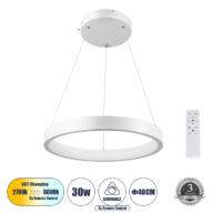 Κρεμαστό Φωτιστικό Δαχτυλίδι-Κύκλος LED CCT 30W 3513lm 360° AC 220-240V – Εναλλαγή Φωτισμού μέσω Τηλεχειριστηρίου All In One Ψυχρό 6000k+Φυσικό 4500k+Θερμό 2700k Dimmable Φ40cm – Λευκό – 3 Years Warranty