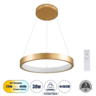 Κρεμαστό Φωτιστικό Δαχτυλίδι-Κύκλος LED CCT 30W 3513lm 360° AC 220-240V – Εναλλαγή Φωτισμού μέσω Τηλεχειριστηρίου All In One Ψυχρό 6000k+Φυσικό 4500k+Θερμό 2700k Dimmable Φ40cm – Χρυσό Βούρτσας – 3 Years Warranty