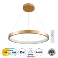 Κρεμαστό Φωτιστικό Δαχτυλίδι-Κύκλος LED CCT 45W 5230lm 360° AC 220-240V – Εναλλαγή Φωτισμού μέσω Τηλεχειριστηρίου All In One Ψυχρό 6000k+Φυσικό 4500k+Θερμό 2700k Dimmable Φ60cm – Χρυσό Βούρτσας – 3 Years Warranty