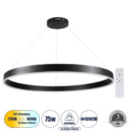 Κρεμαστό Φωτιστικό Δαχτυλίδι-Κύκλος LED CCT 75W 8818lm 120° AC 220-240V – Εναλλαγή Φωτισμού μέσω Τηλεχειριστηρίου All In One Ψυχρό 6000K+Φυσικό 4500K+Θερμό 2700K Dimmable Φ100cm – Μαύρο – 3 Years Warranty