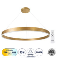 Κρεμαστό Φωτιστικό Δαχτυλίδι-Κύκλος LED CCT 75W 8818lm 120° AC 220-240V – Εναλλαγή Φωτισμού μέσω Τηλεχειριστηρίου All In One Ψυχρό 6000K+Φυσικό 4500K+Θερμό 2700K Dimmable Φ100cm – Χρυσό Βούρτσας – 3 Years Warranty