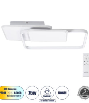 Φωτιστικό Οροφής Δαχτυλίδι-Κύκλος LED CCT 75W 8400lm 360° AC 220-240V – Εναλλαγή Φωτισμού μέσω Τηλεχειριστηρίου All In One Ψυχρό 6000k+Φυσικό 4500k+Θερμό 2700k Dimmable Μ48.5 x Π51 x Υ9cm – Λευκό – 3 Years Warranty