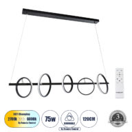 Κρεμαστό Φωτιστικό Οροφής Design LED CCT 75W 8400lm 360° AC 220-240V – Εναλλαγή Φωτισμού μέσω Τηλεχειριστηρίου All In One Ψυχρό 6000k+Φυσικό 4500k+Θερμό 2700k Dimmable Μ120 x Π25 x Υ25cm – Μαύρο – 3 Χρόνια Εγγύηση