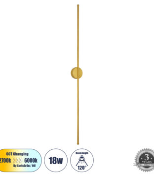 Φωτιστικό Τοίχου – Απλίκα Design LED CCT 18W 2160lm 120° AC 220-240V – Εναλλαγή Φωτισμού μέσω Διακόπτη On/Off All In One Ψυχρό 6000k+Φυσικό 4500k+Θερμό 2700k Μ10 x Π4 x Υ120cm – Χρυσό – 3 Years Warranty