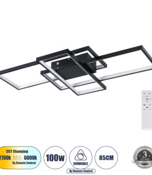 Φωτιστικό Οροφής Design LED CCT 100W 12000lm 120° AC 220-240V – Εναλλαγή Φωτισμού μέσω Τηλεχειριστηρίου All In One Ψυχρό 6000k+Φυσικό 4500k+Θερμό 2700k Dimmable Μ85 x Π45 x Υ9cm – Μαύρο – 3 Years Warranty