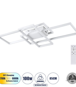 Φωτιστικό Οροφής Design LED CCT 100W 12000lm 120° AC 220-240V – Εναλλαγή Φωτισμού μέσω Τηλεχειριστηρίου All In One Ψυχρό 6000k+Φυσικό 4500k+Θερμό 2700k Dimmable Μ85 x Π45 x Υ9cm – Λευκό – 3 Years Warranty