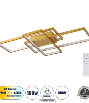 Φωτιστικό Οροφής Design LED CCT 100W 12000lm 120° AC 220-240V – Εναλλαγή Φωτισμού μέσω Τηλεχειριστηρίου All In One Ψυχρό 6000k+Φυσικό 4500k+Θερμό 2700k Dimmable Μ85 x Π45 x Υ9cm – Χρυσό Βούρτσας- 3 Years Warranty