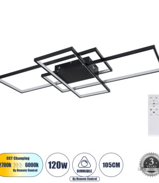 Φωτιστικό Οροφής Design LED CCT 120W 14400lm 120° AC 220-240V – Εναλλαγή Φωτισμού μέσω Τηλεχειριστηρίου All In One Ψυχρό 6000k+Φυσικό 4500k+Θερμό 2700k Dimmable Μ105 x Π60 x Υ19cm – Μαύρο – 3 Years Warranty