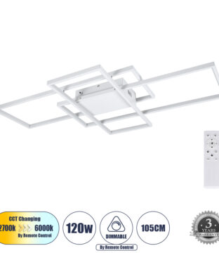 Φωτιστικό Οροφής Design LED CCT 120W 14400lm 120° AC 220-240V – Εναλλαγή Φωτισμού μέσω Τηλεχειριστηρίου All In One Ψυχρό 6000k+Φυσικό 4500k+Θερμό 2700k Dimmable Μ105 x Π60 x Υ19cm – Λευκό – 3 Years Warranty