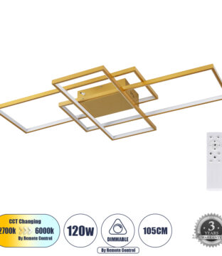 Φωτιστικό Οροφής Design LED CCT 120W 14400lm 120° AC 220-240V – Εναλλαγή Φωτισμού μέσω Τηλεχειριστηρίου All In One Ψυχρό 6000k+Φυσικό 4500k+Θερμό 2700k Dimmable Μ105 x Π60 x Υ19cm – Χρυσό Βούρτσας- 3 Years Warranty