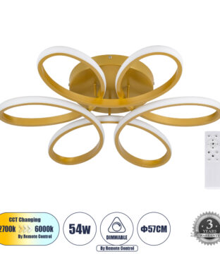 Φωτιστικό Οροφής Design LED CCT 54W 6210lm 360° AC 220-240V – Εναλλαγή Φωτισμού μέσω Τηλεχειριστηρίου All In One Ψυχρό 6000k+Φυσικό 4500k+Θερμό 2700k Dimmable Φ57 x Υ12cm – Χρυσό Βούρτσας – 3 Years Warranty