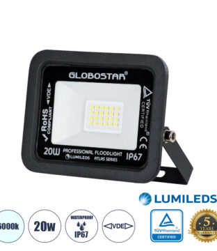 Επαγγελματικός Προβολέας LED 20W 2500lm 120° AC 220-240V – Αδιάβροχος IP67 – Μ12 x Π2.5 x Υ9.5cm – Μαύρο – Ψυχρό Λευκό 6000K – LUMILEDS Chips – TÜV Rheinland Certified – 5 Years Warranty